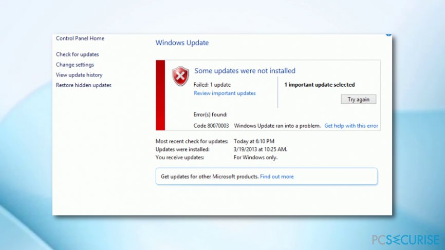 Image of Windows 10 Update Error Code 0x80070002 or 0x80070003